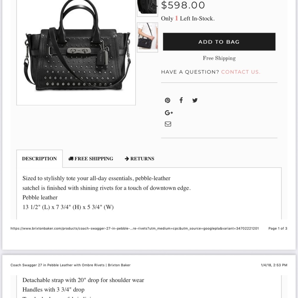 Coach Black Studded Satchel - Swagger 27 - Picture 7 of 7